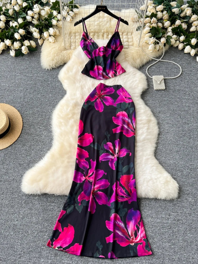 Floral Satin Two-piece Maxi Dress