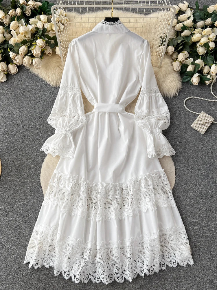 lace dress with ribbon belt Lace Trim White Dress With Ribbon Belt