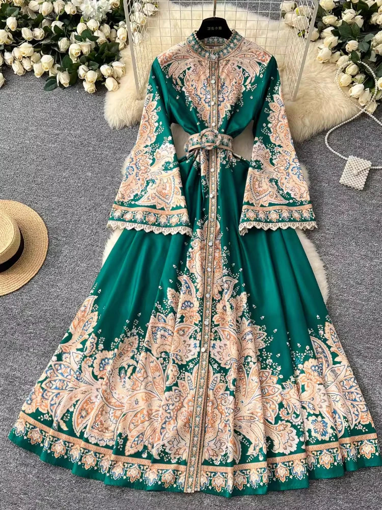 chinese dress ladies Emerald Silk Long Sleeve Maxi Dress – trinarosh main image 1