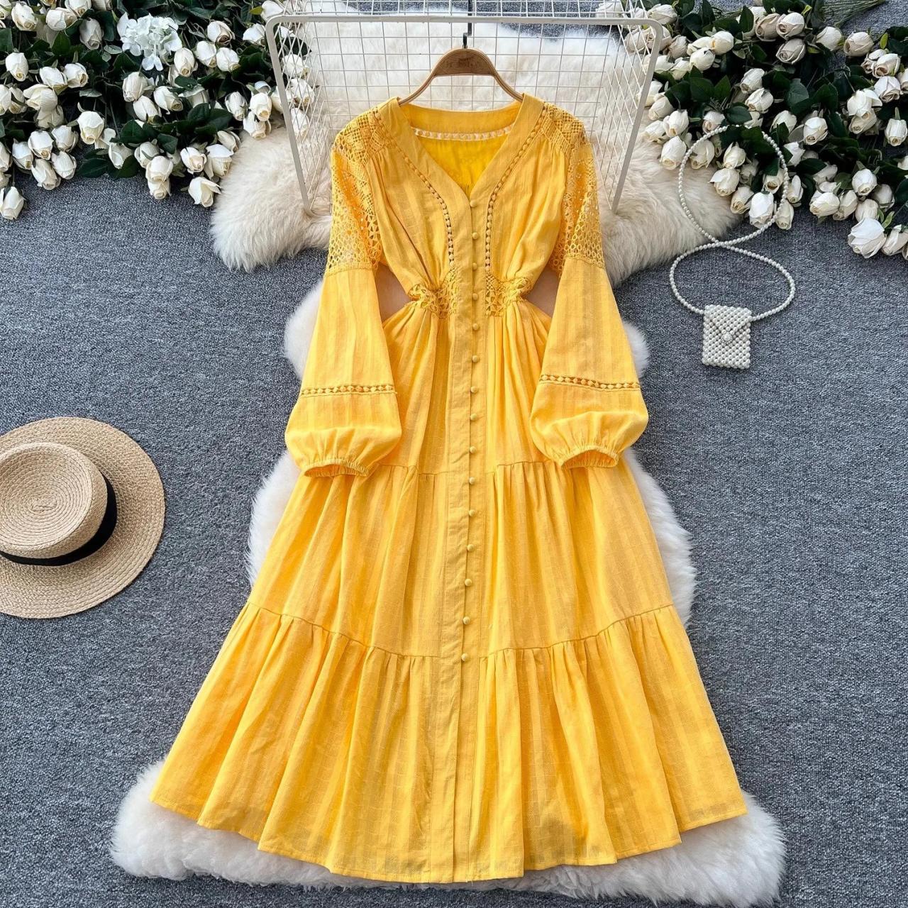 Bohemian Yellow Maxi Dress with Lace Detailing