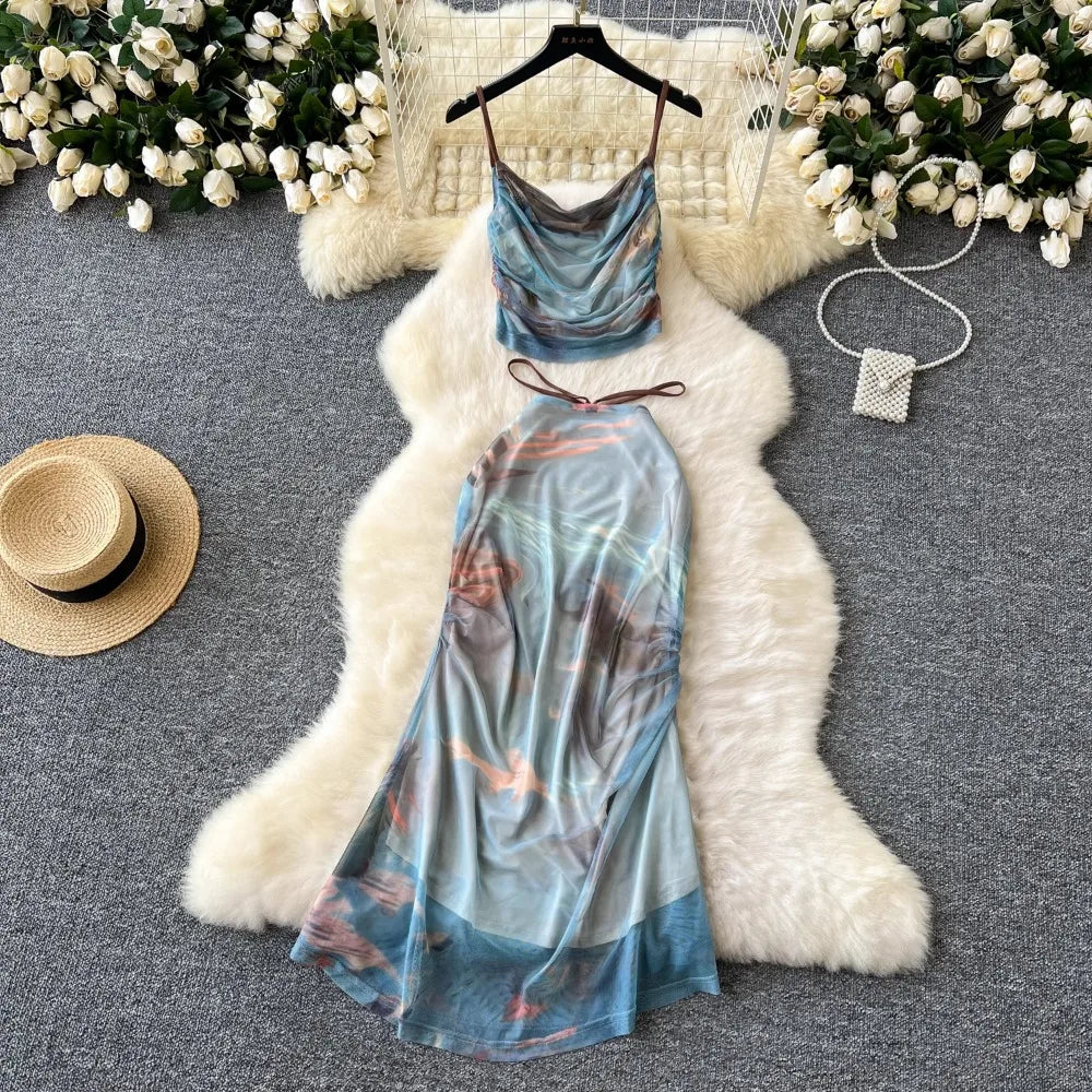 satin watercolor dress Watercolor Satin Maxi Dress with Long Sleeves and High Slit  Amanda Jean  NYC