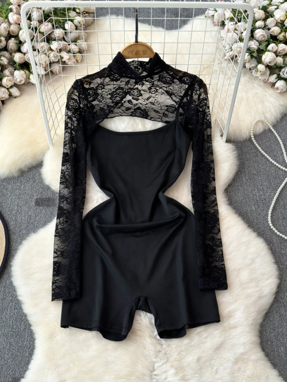 Black Lace Mesh Long Sleeve Romper Dress