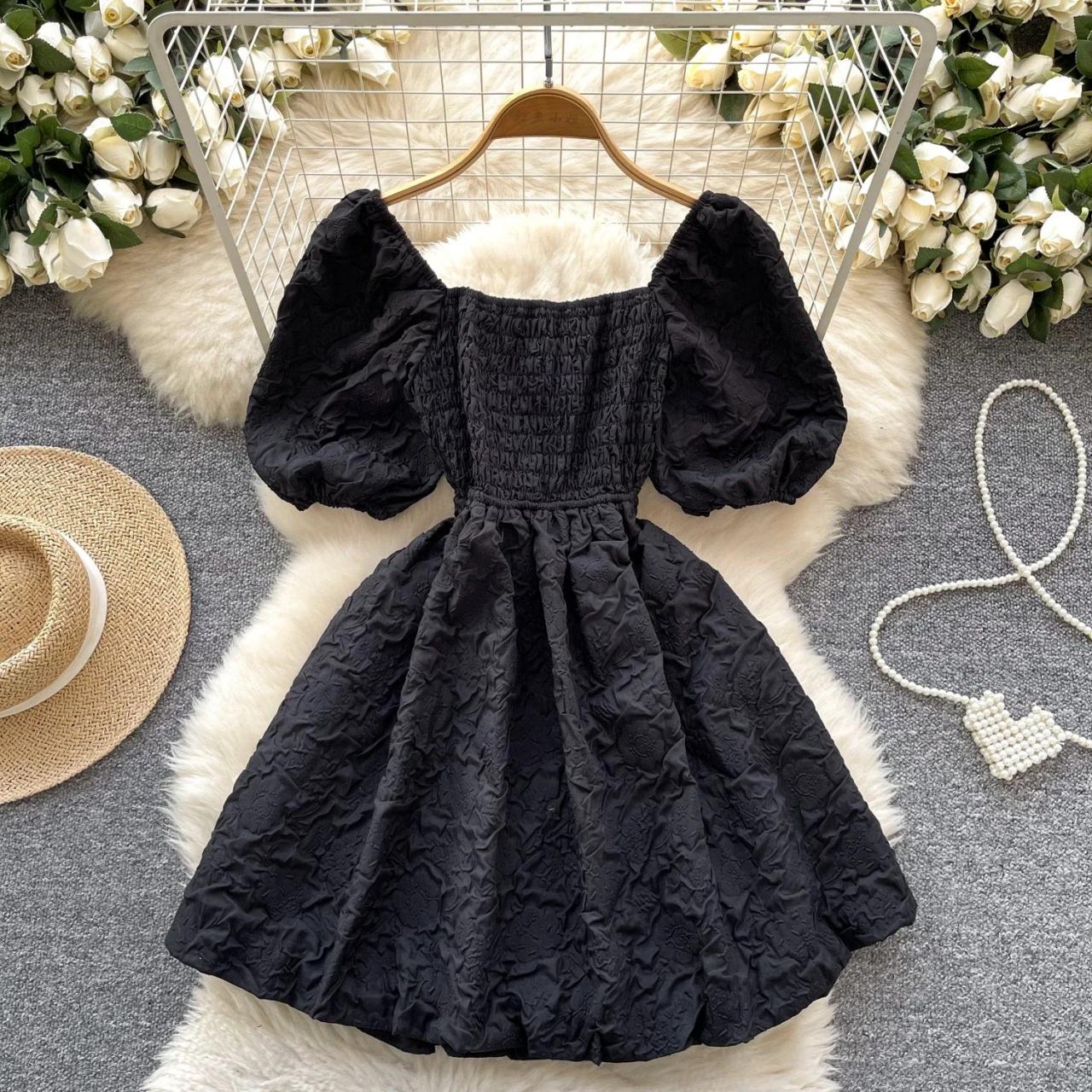 Black Puff Sleeve Textured Short A-line Dress on Luulla