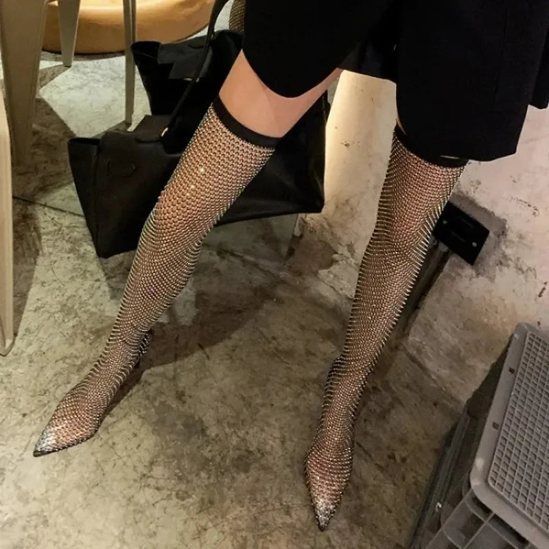 Rhinestone Fishnet Pointed Toe Knee-high Boots on Luulla