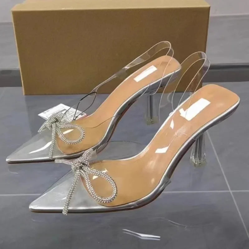 Transparent Slingback Heels With Rhinestone Bow Design on Luulla