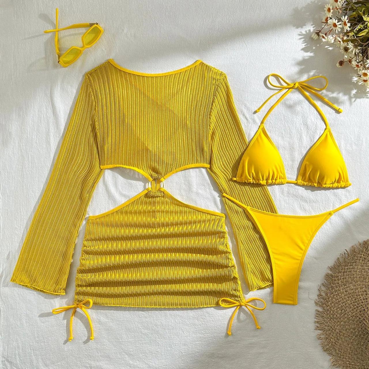 Yellow Mesh Swimwear With Sheer Cover-up Dress