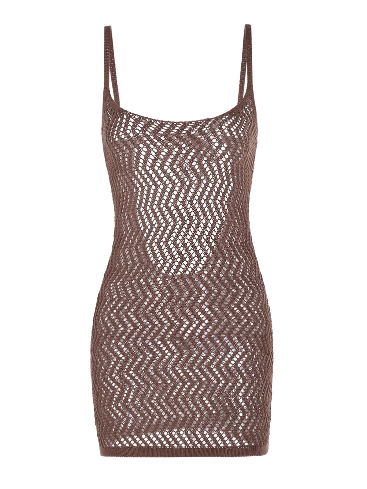 Brown Crochet Mini Dress With Zigzag Pattern