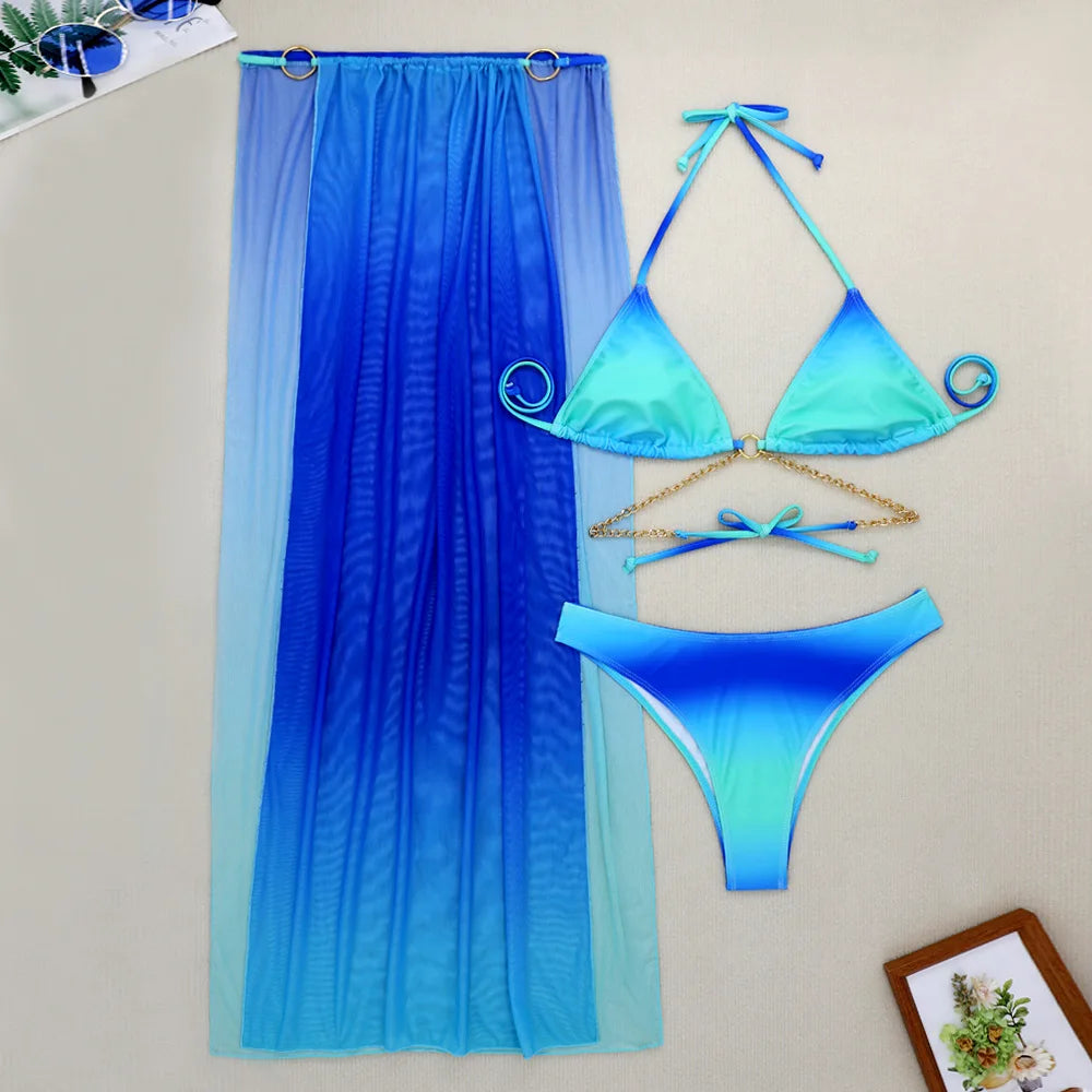 Gradient Blue Bikini With Sheer Cover-up on Luulla